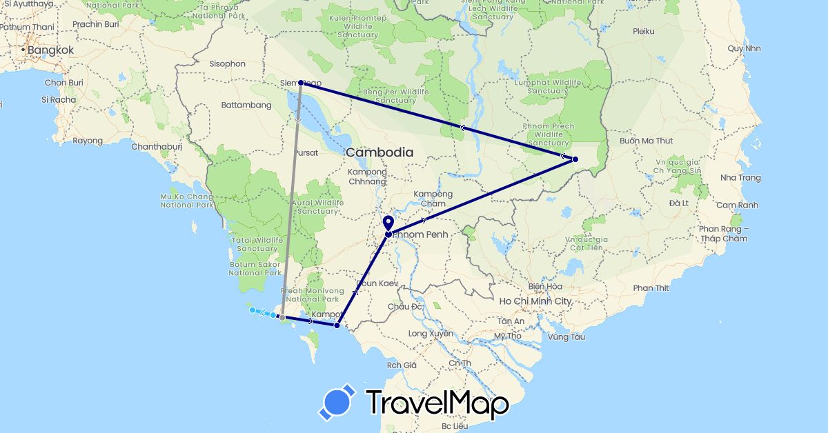 TravelMap itinerary: driving, plane, boat in Cambodia (Asia)